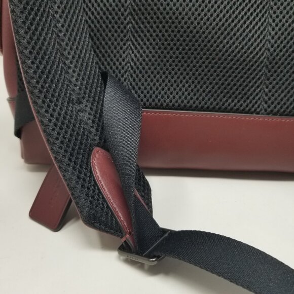 COACH Men's Burgundy Red & Black Leather Metal Buckle Drawstring Laptop Backpack - Picture 2 of 16